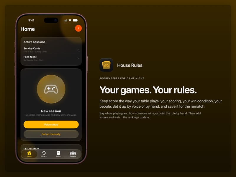 The House Rules share image, showing the app on iPhone 18 Pro Max with its icon, name and headline for the Sunday Cards session, in the Yellow tint, dark appearance.