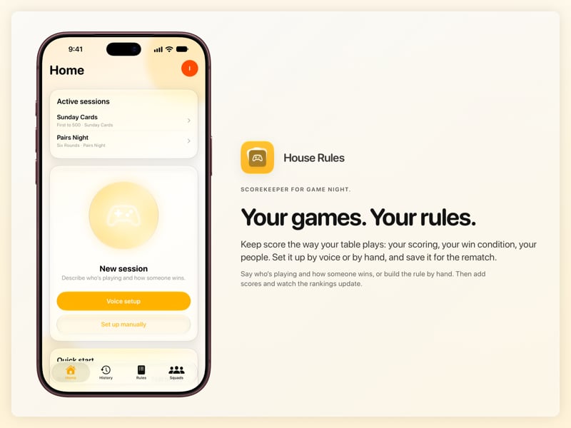 The House Rules share image, showing the app on iPhone 18 Pro Max with its icon, name and headline for the Sunday Cards session, in the Yellow tint, light appearance.
