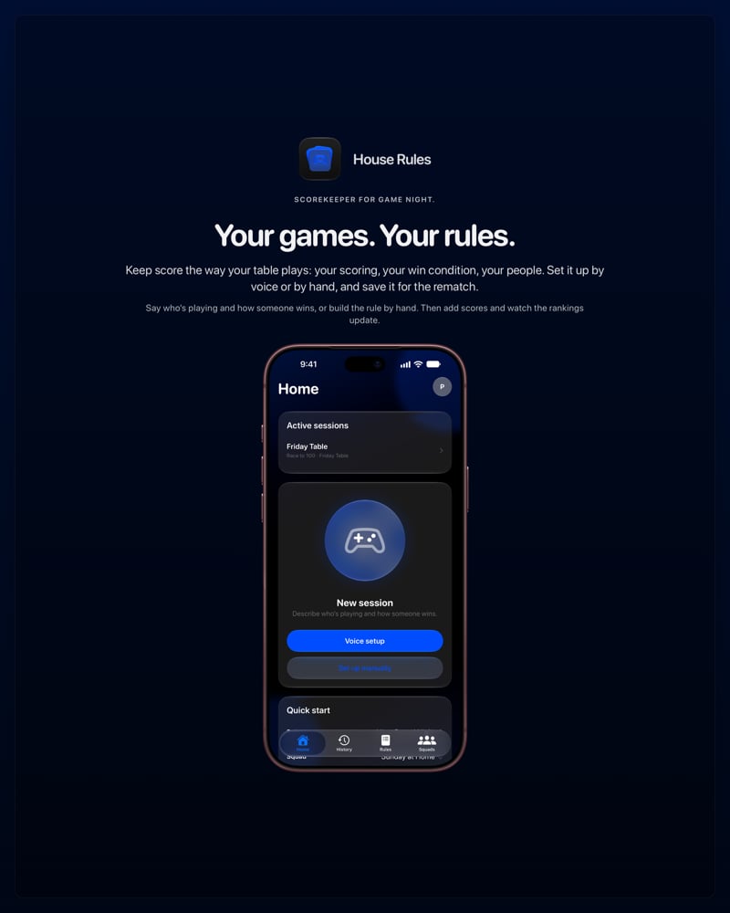 The House Rules share image, showing the app on iPhone 18 Pro Max with its icon, name and headline for the Friday Table session, in the Blue tint, dark appearance.
