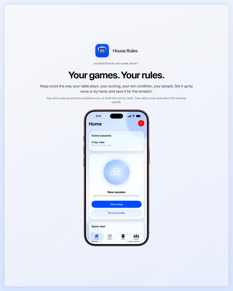The House Rules share image, showing the app on iPhone 18 Pro Max with its icon, name and headline for the Friday Table session, in the Blue tint, light appearance.