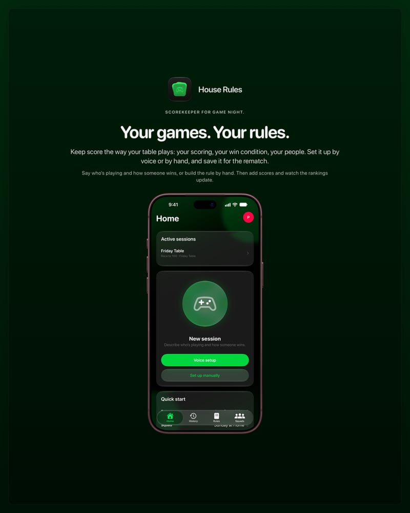 The House Rules share image, showing the app on iPhone 18 Pro Max with its icon, name and headline for the Friday Table session, in the Green tint, dark appearance.