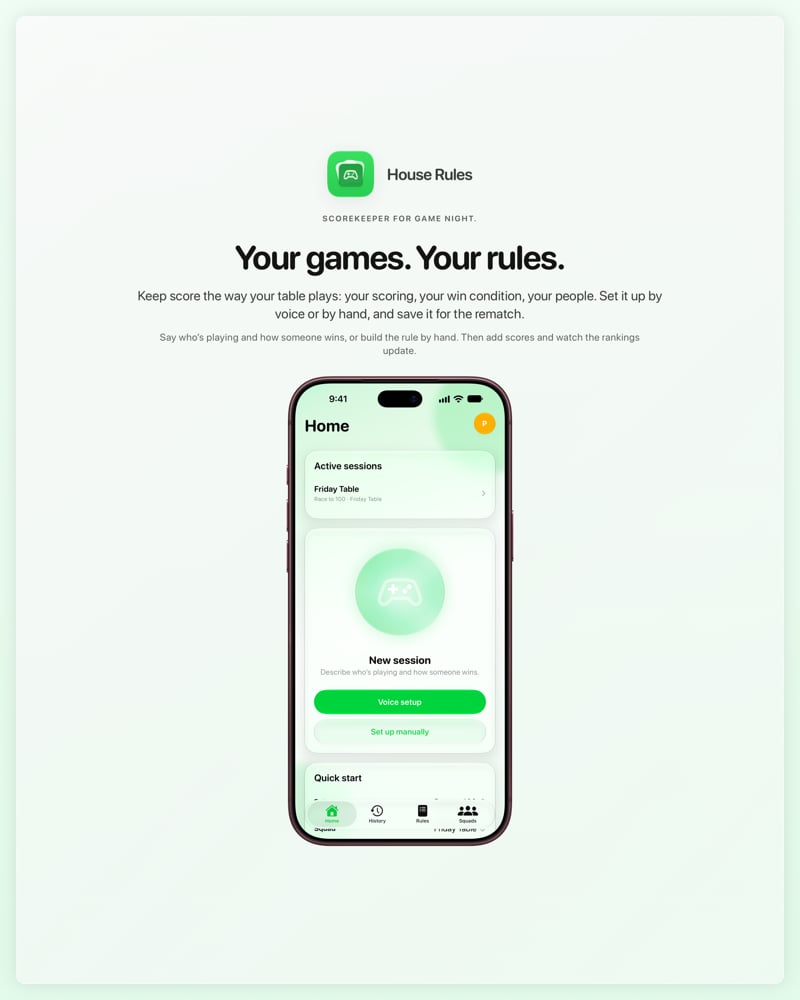 The House Rules share image, showing the app on iPhone 18 Pro Max with its icon, name and headline for the Friday Table session, in the Green tint, light appearance.