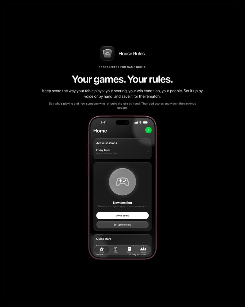 The House Rules share image, showing the app on iPhone 18 Pro Max with its icon, name and headline for the Friday Table session, in the Grey tint, dark appearance.