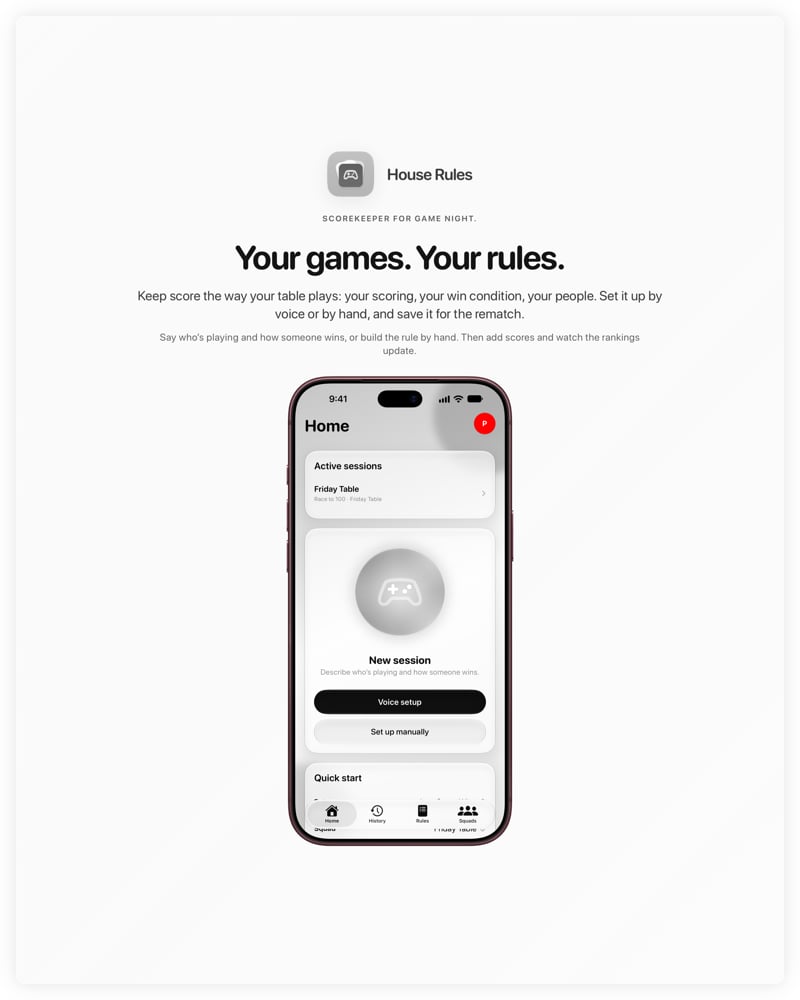 The House Rules share image, showing the app on iPhone 18 Pro Max with its icon, name and headline for the Friday Table session, in the Grey tint, light appearance.