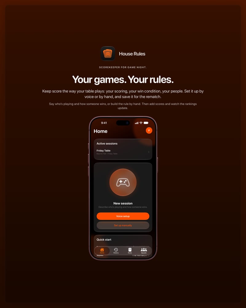 The House Rules share image, showing the app on iPhone 18 Pro Max with its icon, name and headline for the Friday Table session, in the Orange tint, dark appearance.