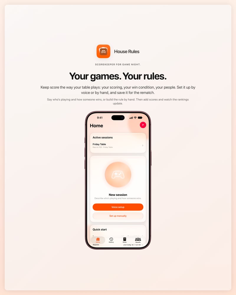 The House Rules share image, showing the app on iPhone 18 Pro Max with its icon, name and headline for the Friday Table session, in the Orange tint, light appearance.