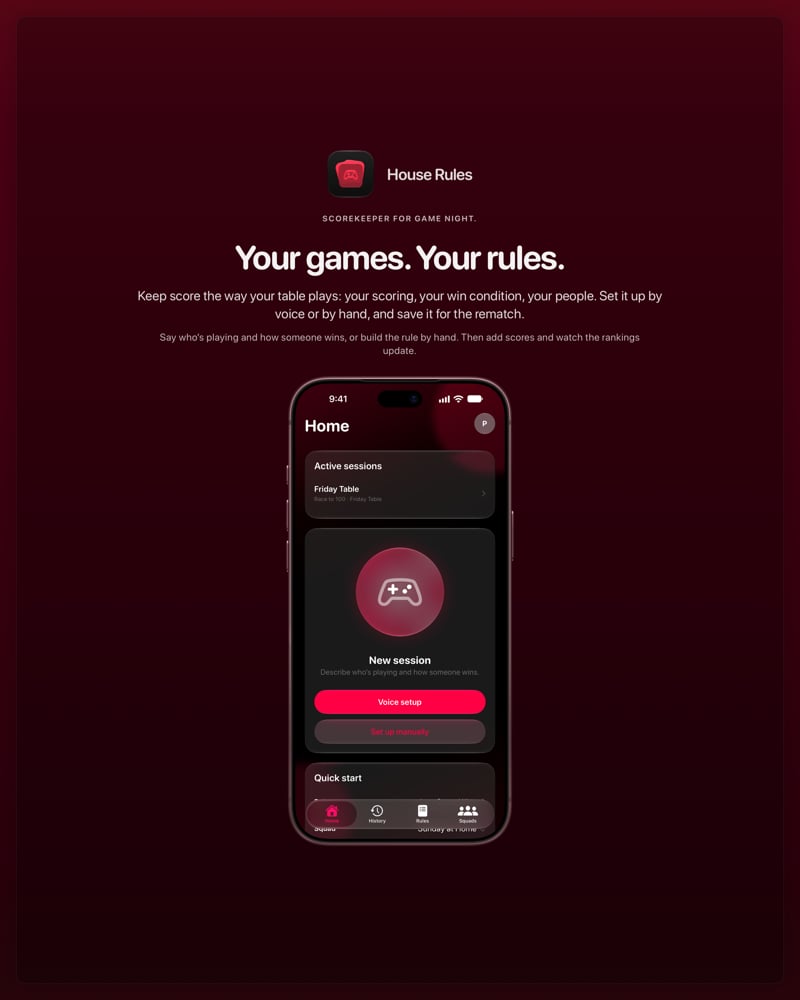 The House Rules share image, showing the app on iPhone 18 Pro Max with its icon, name and headline for the Friday Table session, in the Pink tint, dark appearance.