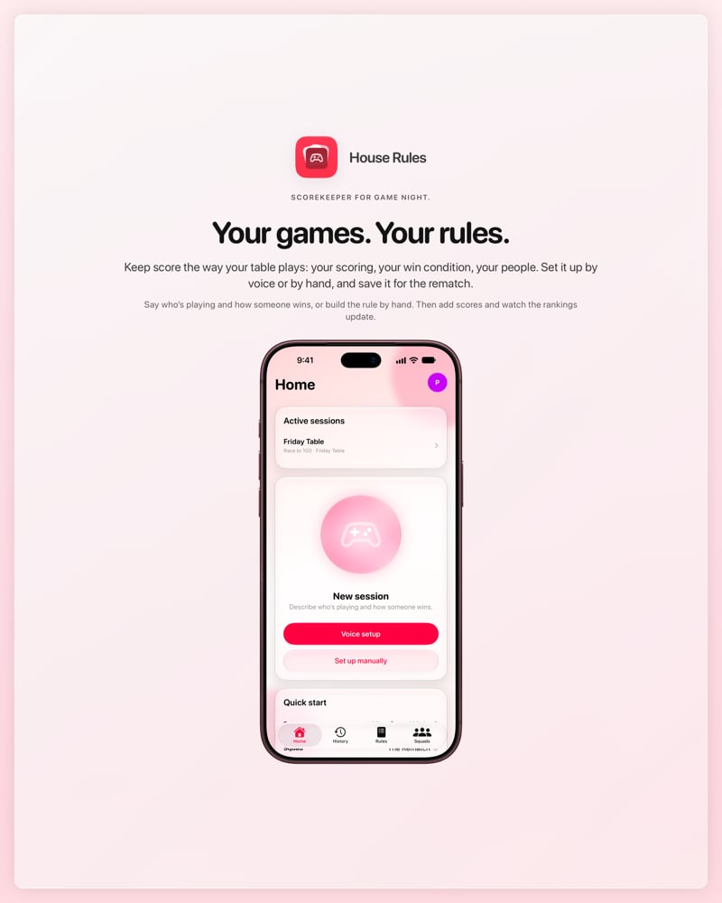 The House Rules share image, showing the app on iPhone 18 Pro Max with its icon, name and headline for the Friday Table session, in the Pink tint, light appearance.