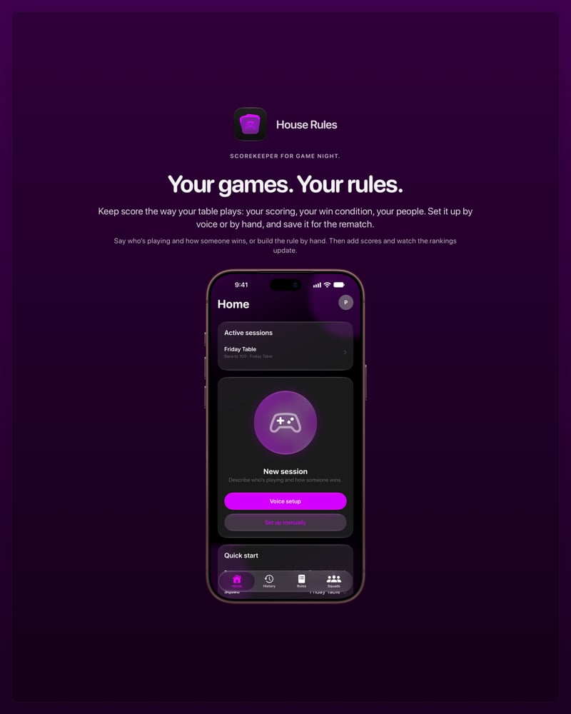 The House Rules share image, showing the app on iPhone 18 Pro Max with its icon, name and headline for the Friday Table session, in the Purple tint, dark appearance.