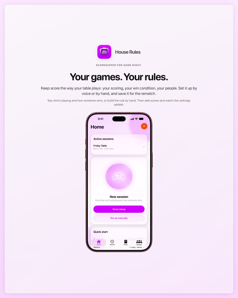 The House Rules share image, showing the app on iPhone 18 Pro Max with its icon, name and headline for the Friday Table session, in the Purple tint, light appearance.