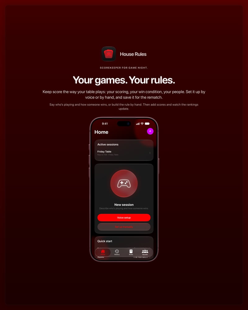 The House Rules share image, showing the app on iPhone 18 Pro Max with its icon, name and headline for the Friday Table session, in the Red tint, dark appearance.