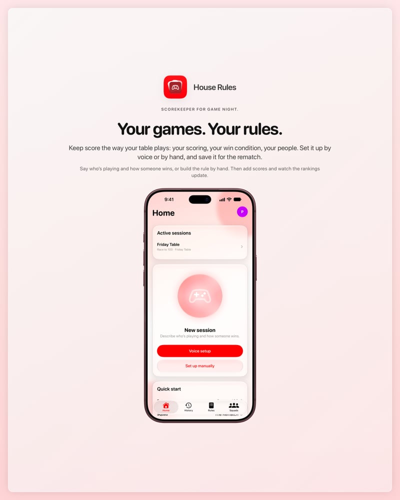 The House Rules share image, showing the app on iPhone 18 Pro Max with its icon, name and headline for the Friday Table session, in the Red tint, light appearance.