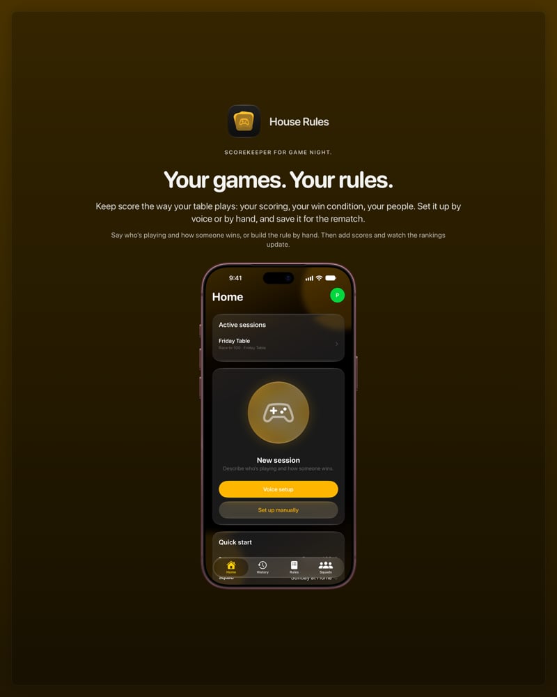 The House Rules share image, showing the app on iPhone 18 Pro Max with its icon, name and headline for the Friday Table session, in the Yellow tint, dark appearance.