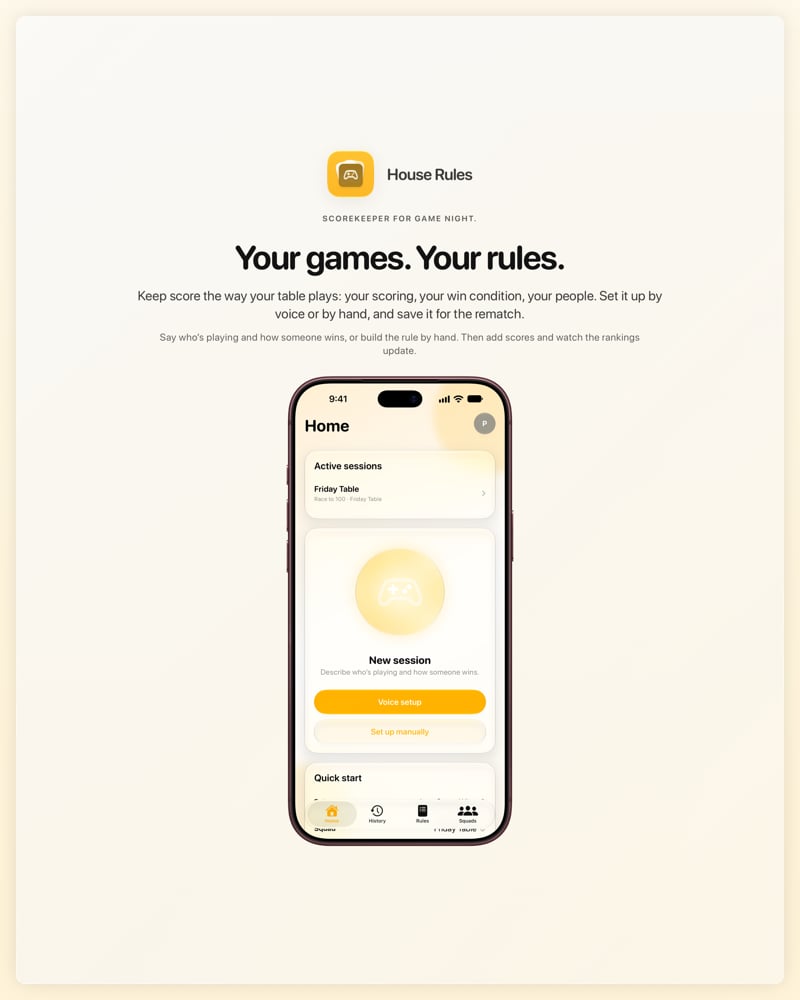 The House Rules share image, showing the app on iPhone 18 Pro Max with its icon, name and headline for the Friday Table session, in the Yellow tint, light appearance.