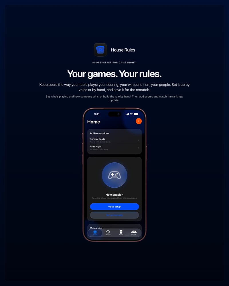 The House Rules share image, showing the app on iPhone 18 Pro Max with its icon, name and headline for the Sunday Cards session, in the Blue tint, dark appearance.