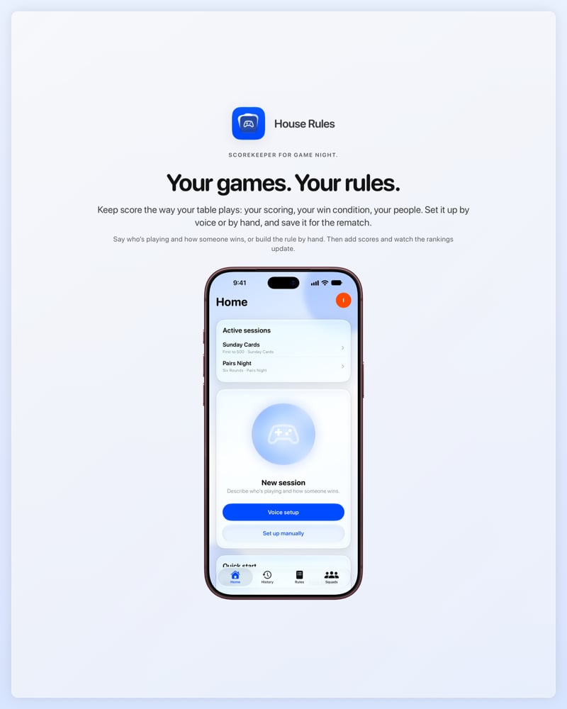 The House Rules share image, showing the app on iPhone 18 Pro Max with its icon, name and headline for the Sunday Cards session, in the Blue tint, light appearance.