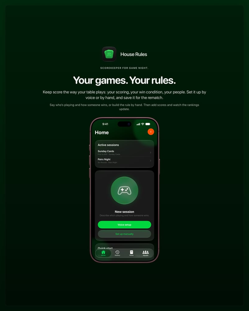 The House Rules share image, showing the app on iPhone 18 Pro Max with its icon, name and headline for the Sunday Cards session, in the Green tint, dark appearance.