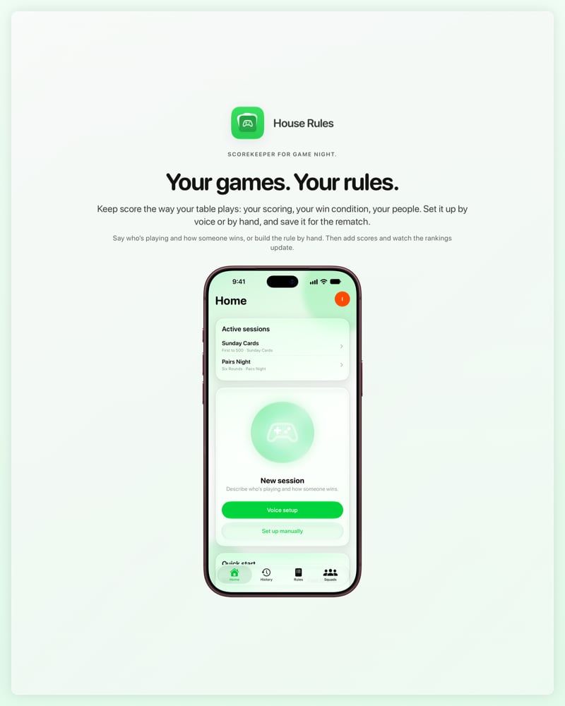 The House Rules share image, showing the app on iPhone 18 Pro Max with its icon, name and headline for the Sunday Cards session, in the Green tint, light appearance.