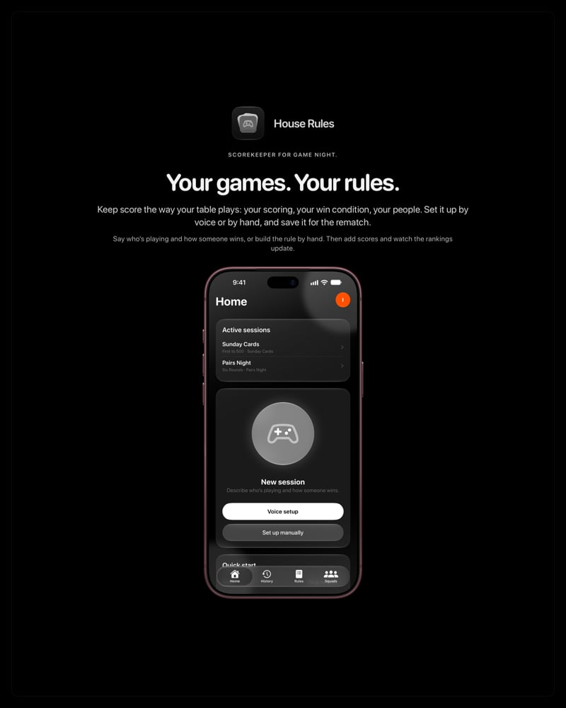 The House Rules share image, showing the app on iPhone 18 Pro Max with its icon, name and headline for the Sunday Cards session, in the Grey tint, dark appearance.