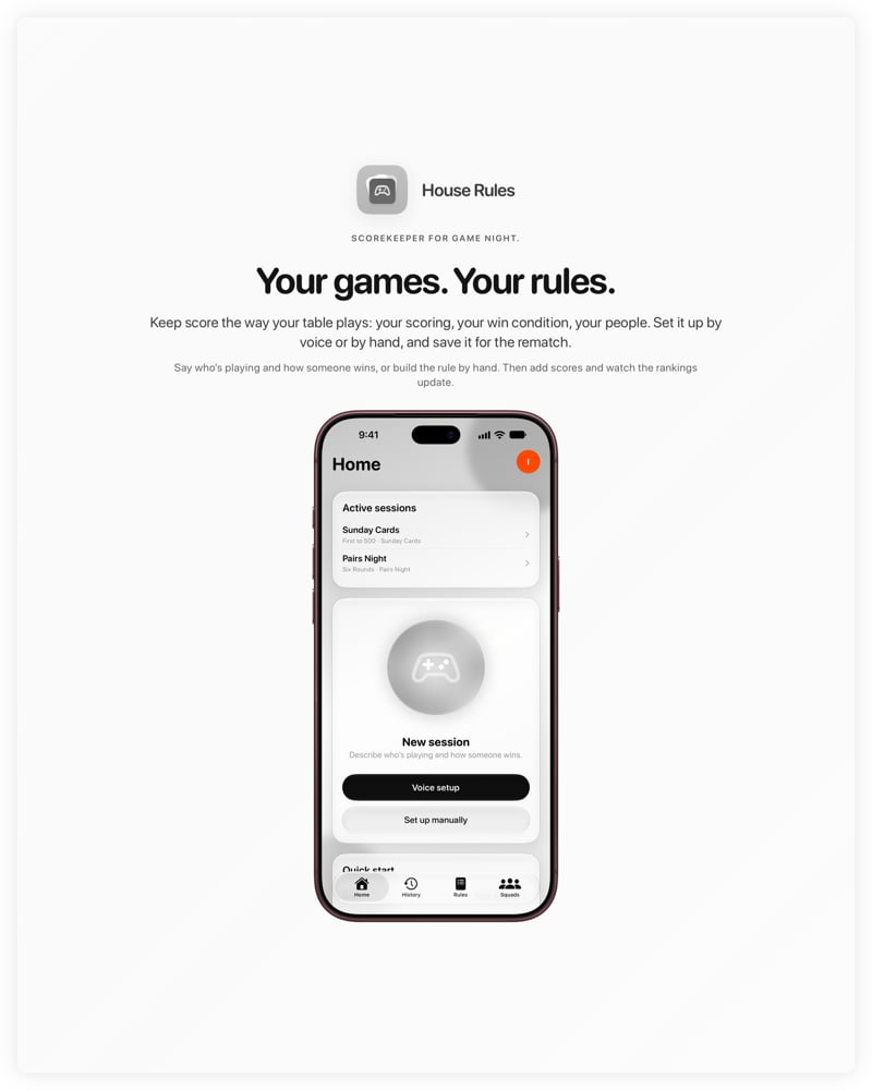 The House Rules share image, showing the app on iPhone 18 Pro Max with its icon, name and headline for the Sunday Cards session, in the Grey tint, light appearance.