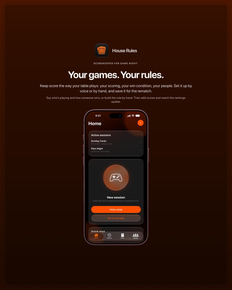 The House Rules share image, showing the app on iPhone 18 Pro Max with its icon, name and headline for the Sunday Cards session, in the Orange tint, dark appearance.