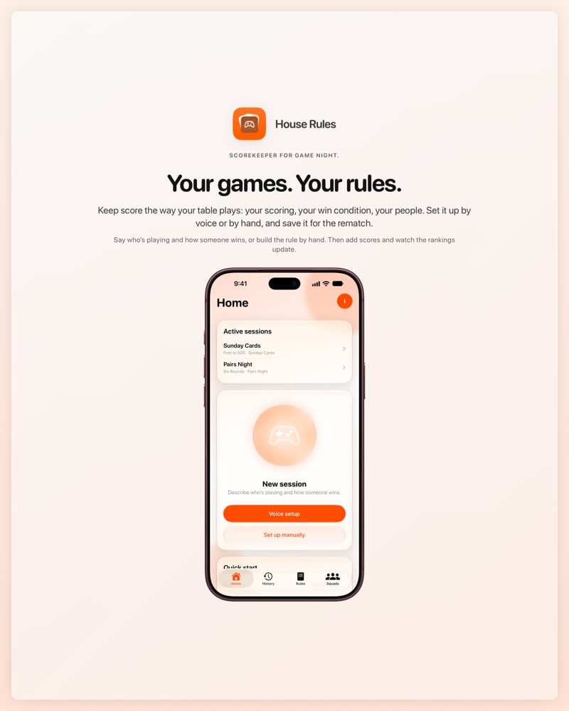 The House Rules share image, showing the app on iPhone 18 Pro Max with its icon, name and headline for the Sunday Cards session, in the Orange tint, light appearance.
