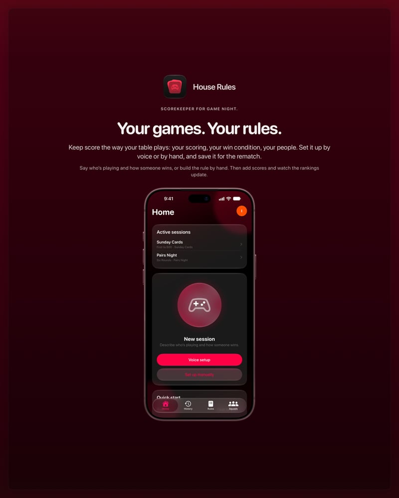 The House Rules share image, showing the app on iPhone 18 Pro Max with its icon, name and headline for the Sunday Cards session, in the Pink tint, dark appearance.