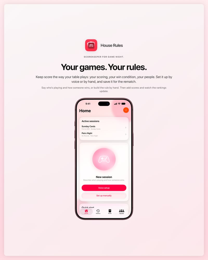 The House Rules share image, showing the app on iPhone 18 Pro Max with its icon, name and headline for the Sunday Cards session, in the Pink tint, light appearance.