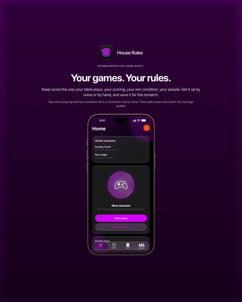 The House Rules share image, showing the app on iPhone 18 Pro Max with its icon, name and headline for the Sunday Cards session, in the Purple tint, dark appearance.