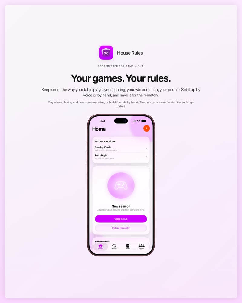 The House Rules share image, showing the app on iPhone 18 Pro Max with its icon, name and headline for the Sunday Cards session, in the Purple tint, light appearance.