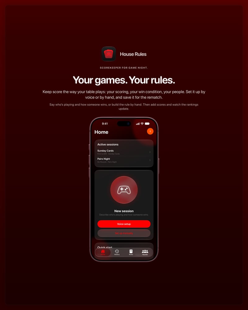 The House Rules share image, showing the app on iPhone 18 Pro Max with its icon, name and headline for the Sunday Cards session, in the Red tint, dark appearance.