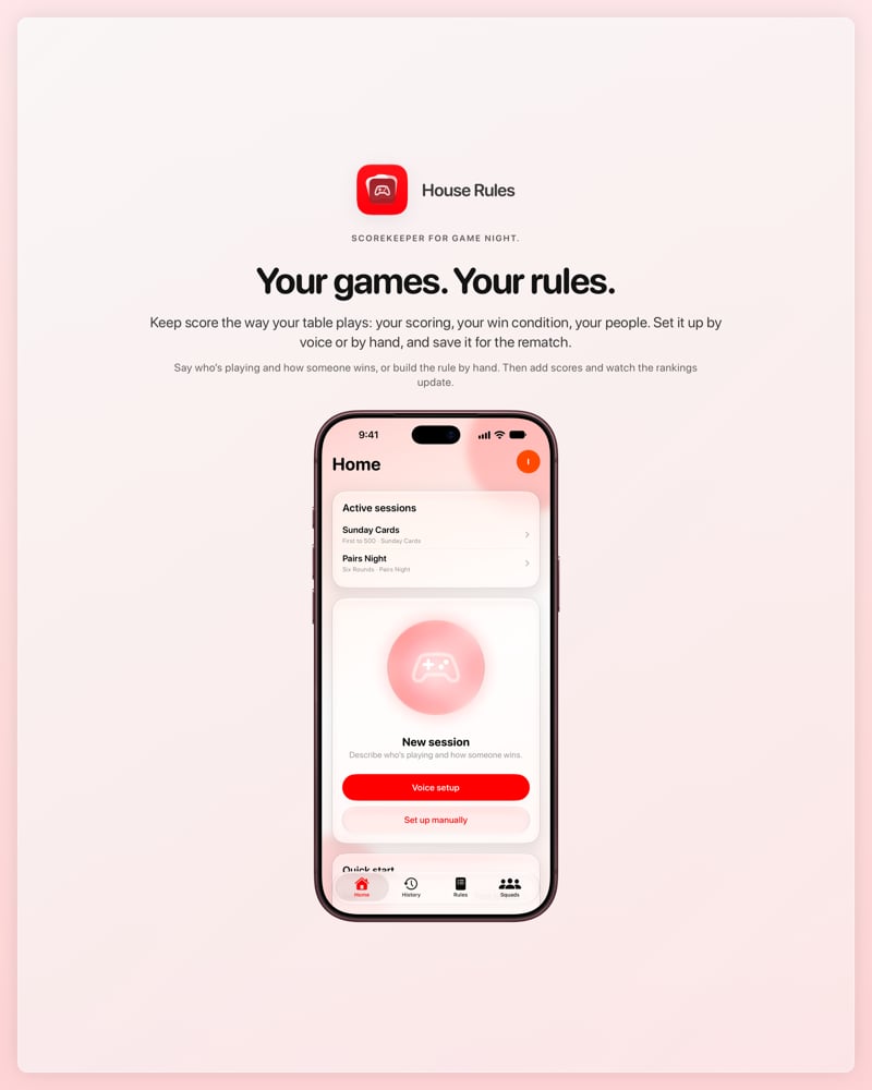 The House Rules share image, showing the app on iPhone 18 Pro Max with its icon, name and headline for the Sunday Cards session, in the Red tint, light appearance.