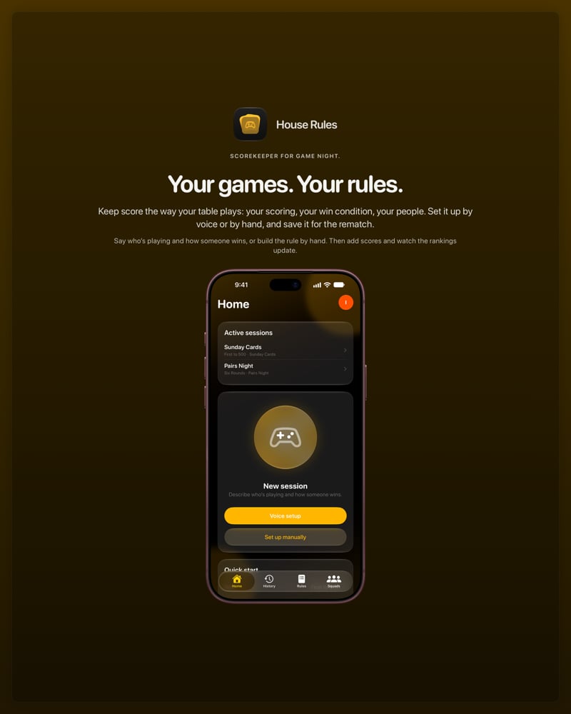 The House Rules share image, showing the app on iPhone 18 Pro Max with its icon, name and headline for the Sunday Cards session, in the Yellow tint, dark appearance.