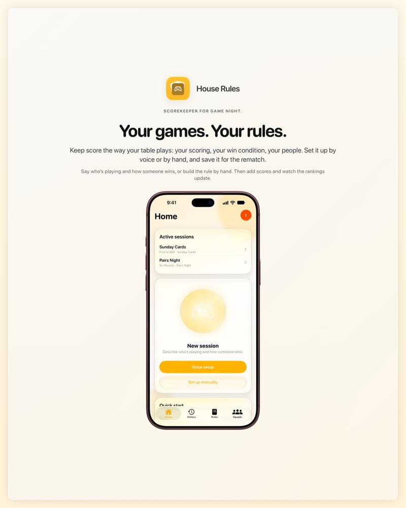 The House Rules share image, showing the app on iPhone 18 Pro Max with its icon, name and headline for the Sunday Cards session, in the Yellow tint, light appearance.