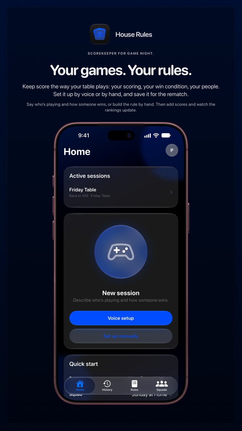 The House Rules share image, showing the app on iPhone 18 Pro Max with its icon, name and headline for the Friday Table session, in the Blue tint, dark appearance.