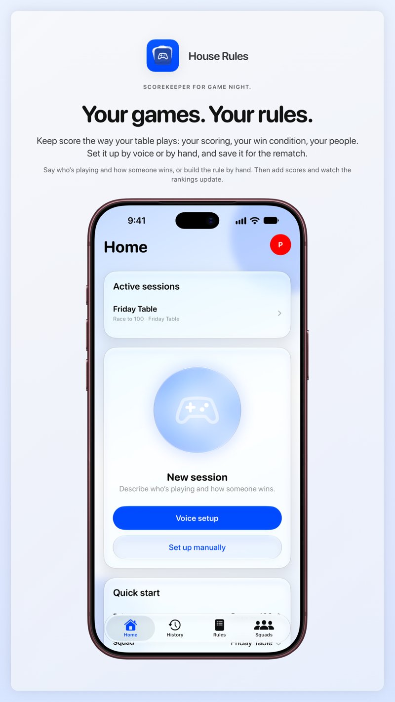 The House Rules share image, showing the app on iPhone 18 Pro Max with its icon, name and headline for the Friday Table session, in the Blue tint, light appearance.