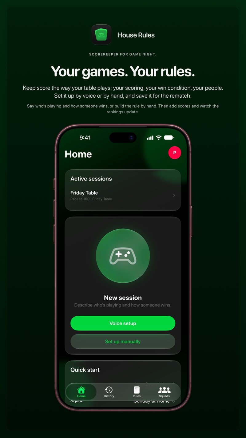 The House Rules share image, showing the app on iPhone 18 Pro Max with its icon, name and headline for the Friday Table session, in the Green tint, dark appearance.
