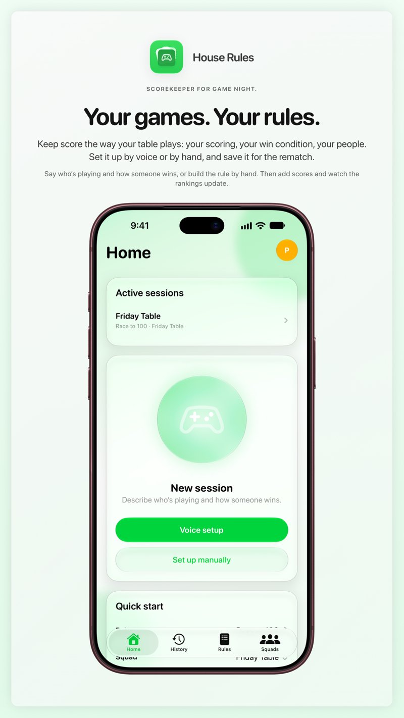The House Rules share image, showing the app on iPhone 18 Pro Max with its icon, name and headline for the Friday Table session, in the Green tint, light appearance.