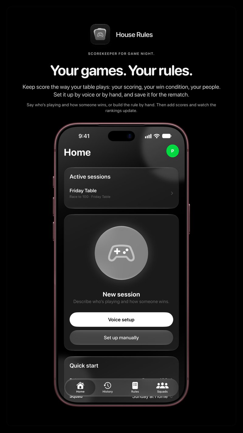 The House Rules share image, showing the app on iPhone 18 Pro Max with its icon, name and headline for the Friday Table session, in the Grey tint, dark appearance.