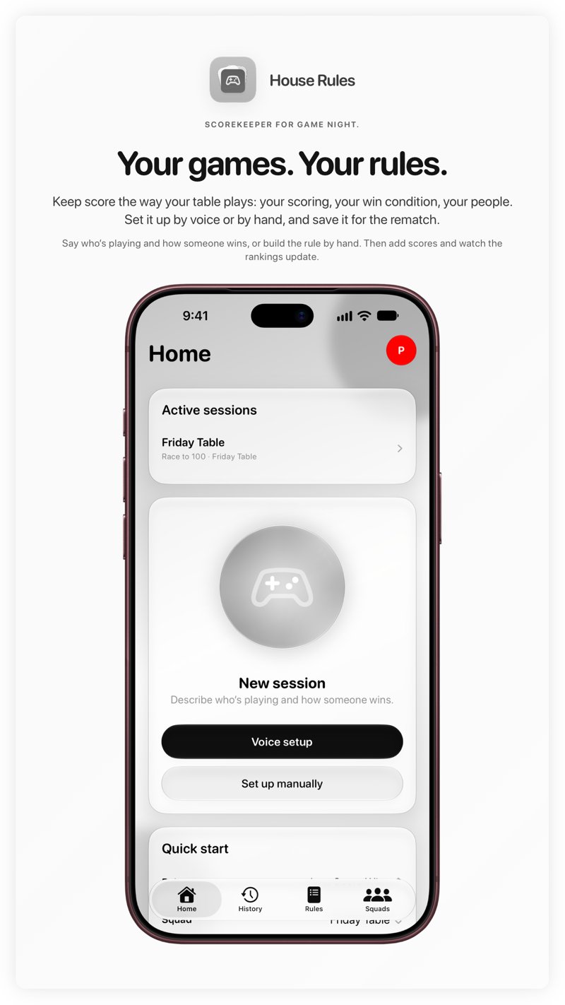 The House Rules share image, showing the app on iPhone 18 Pro Max with its icon, name and headline for the Friday Table session, in the Grey tint, light appearance.