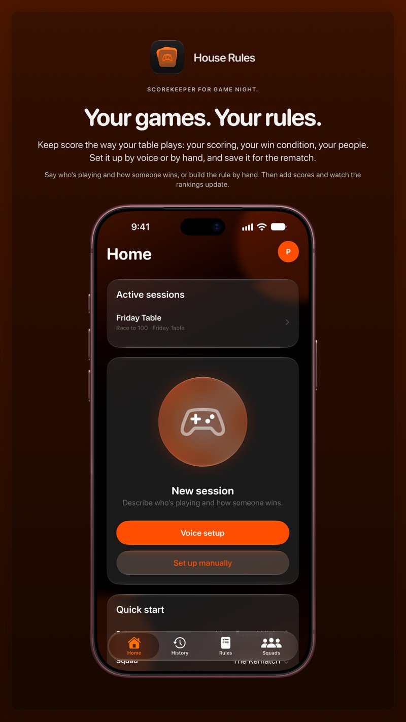 The House Rules share image, showing the app on iPhone 18 Pro Max with its icon, name and headline for the Friday Table session, in the Orange tint, dark appearance.