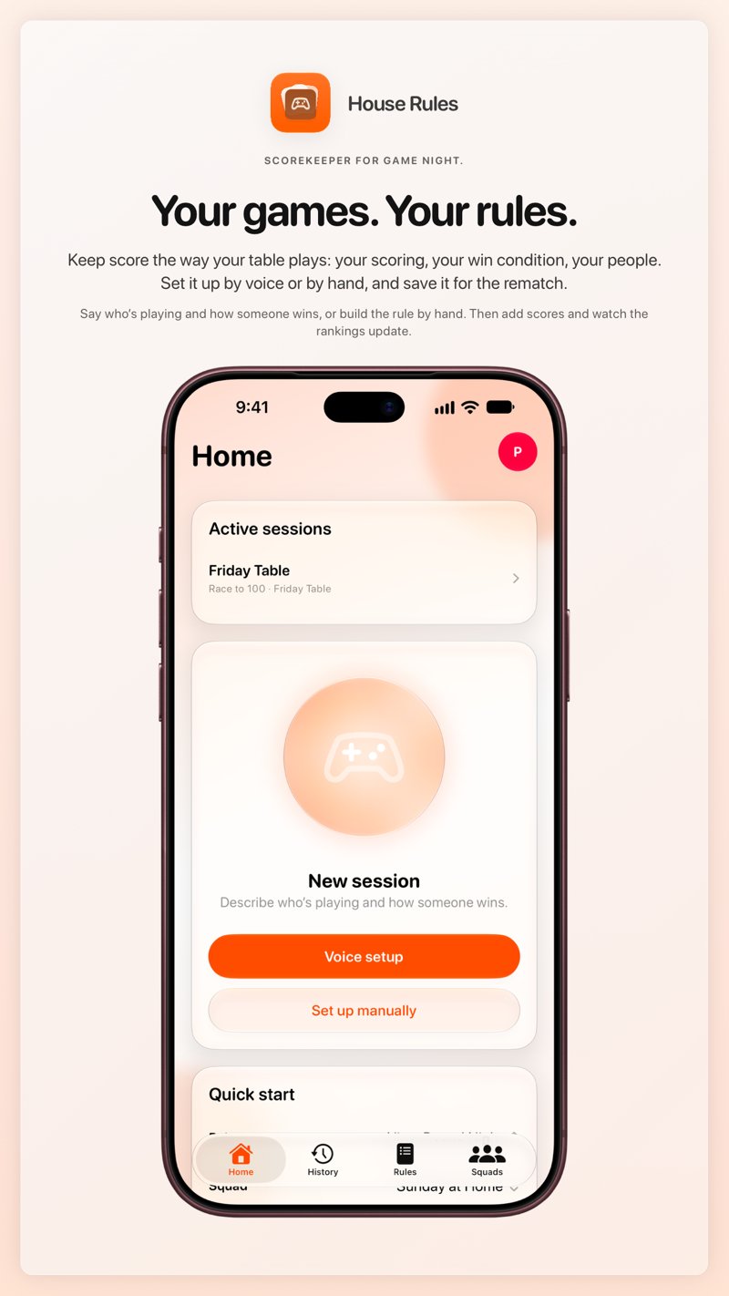 The House Rules share image, showing the app on iPhone 18 Pro Max with its icon, name and headline for the Friday Table session, in the Orange tint, light appearance.