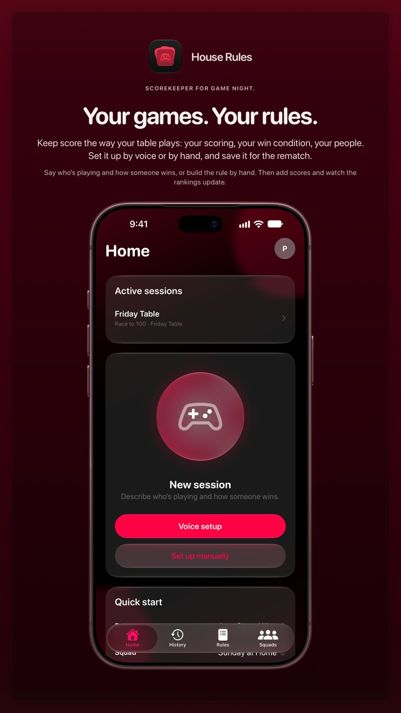 The House Rules share image, showing the app on iPhone 18 Pro Max with its icon, name and headline for the Friday Table session, in the Pink tint, dark appearance.