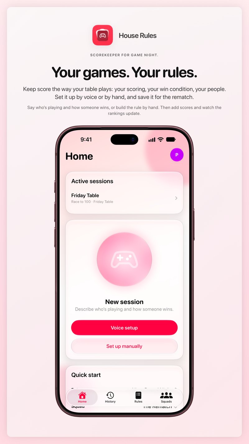 The House Rules share image, showing the app on iPhone 18 Pro Max with its icon, name and headline for the Friday Table session, in the Pink tint, light appearance.