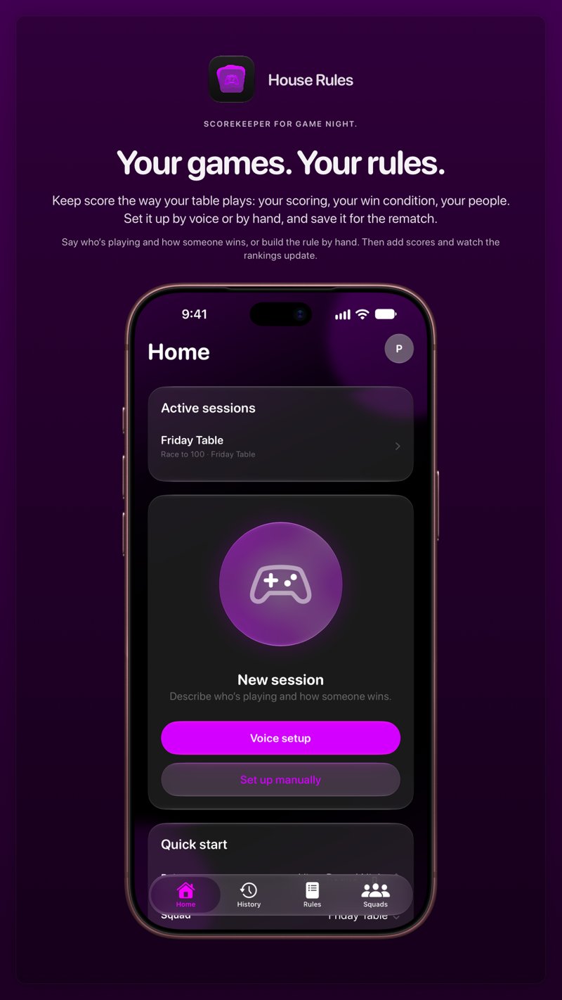 The House Rules share image, showing the app on iPhone 18 Pro Max with its icon, name and headline for the Friday Table session, in the Purple tint, dark appearance.