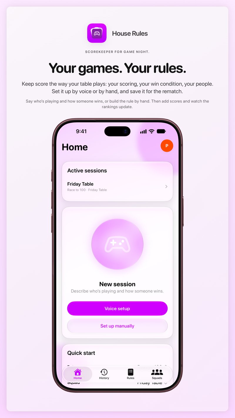 The House Rules share image, showing the app on iPhone 18 Pro Max with its icon, name and headline for the Friday Table session, in the Purple tint, light appearance.