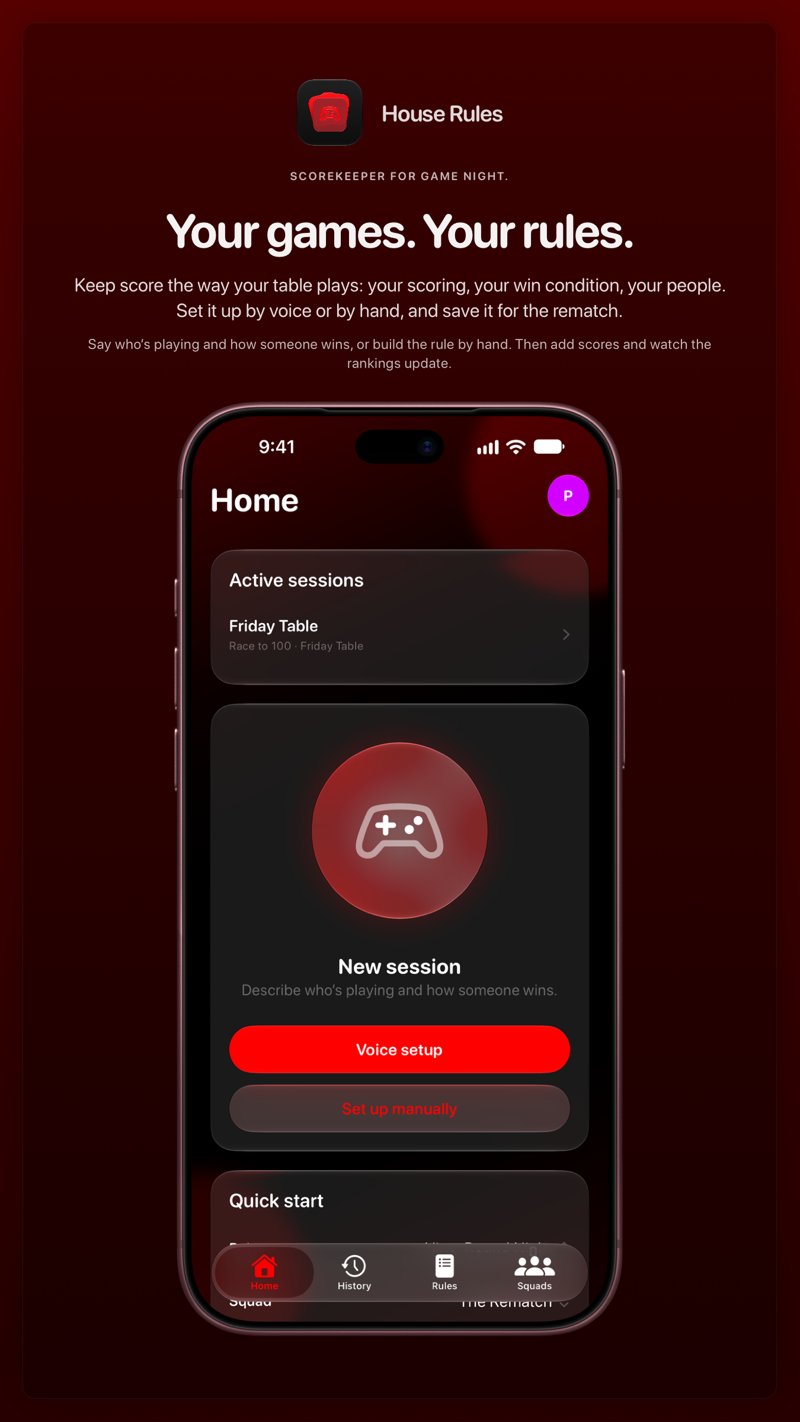 The House Rules share image, showing the app on iPhone 18 Pro Max with its icon, name and headline for the Friday Table session, in the Red tint, dark appearance.