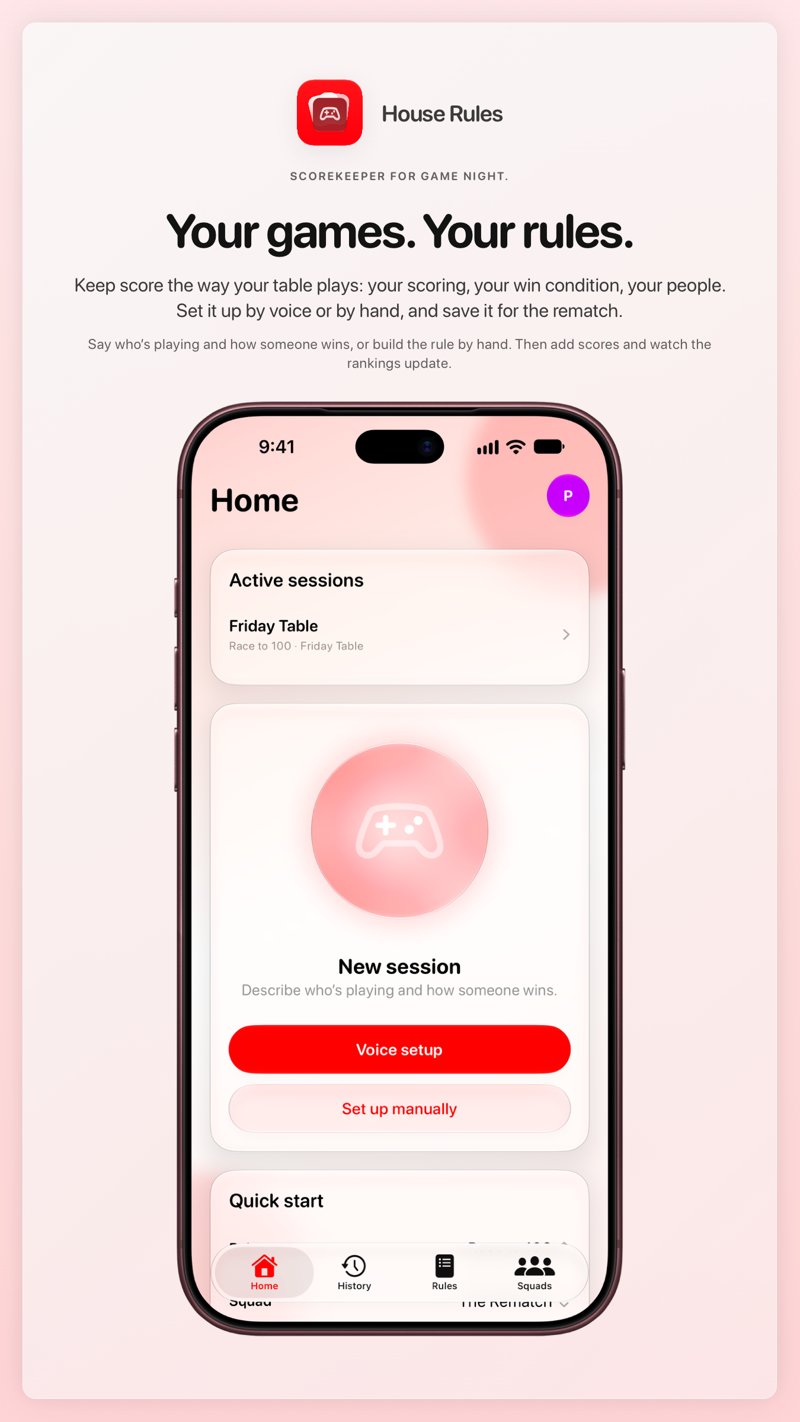 The House Rules share image, showing the app on iPhone 18 Pro Max with its icon, name and headline for the Friday Table session, in the Red tint, light appearance.