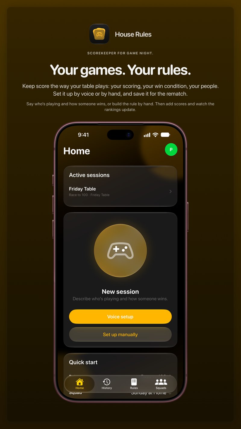 The House Rules share image, showing the app on iPhone 18 Pro Max with its icon, name and headline for the Friday Table session, in the Yellow tint, dark appearance.