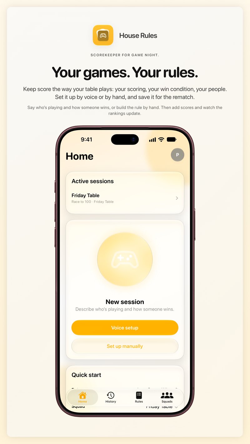 The House Rules share image, showing the app on iPhone 18 Pro Max with its icon, name and headline for the Friday Table session, in the Yellow tint, light appearance.
